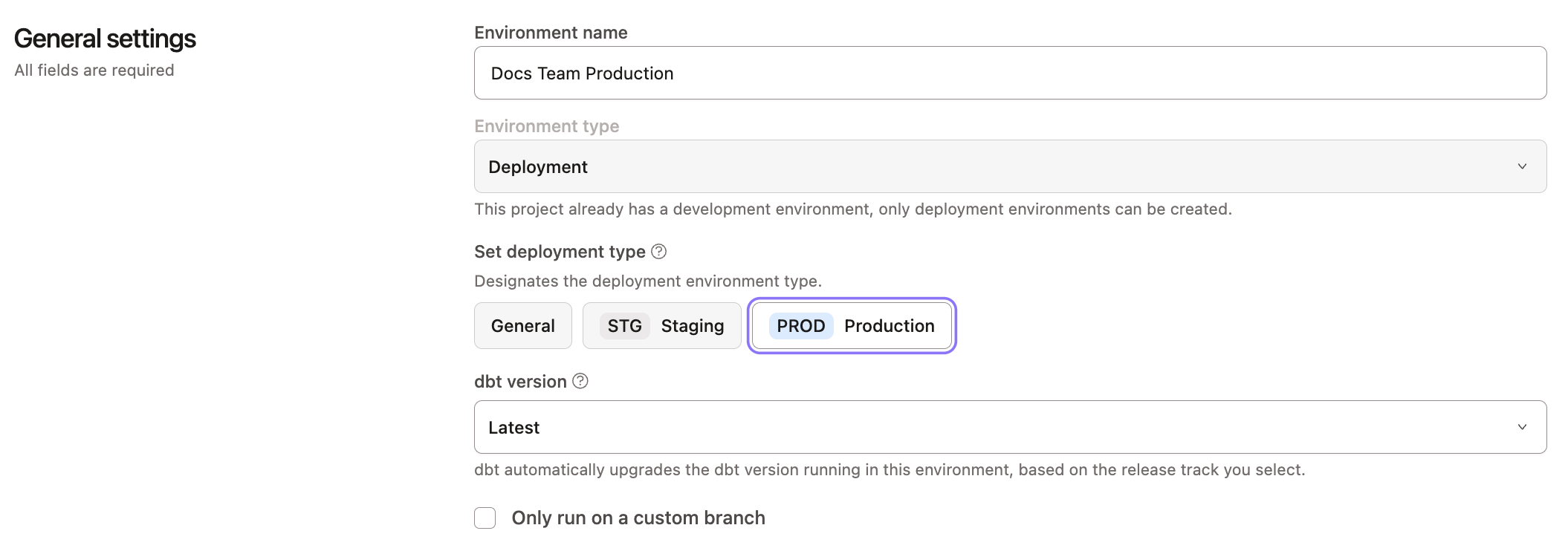 Example environment settings in dbt Example environment settings in dbt